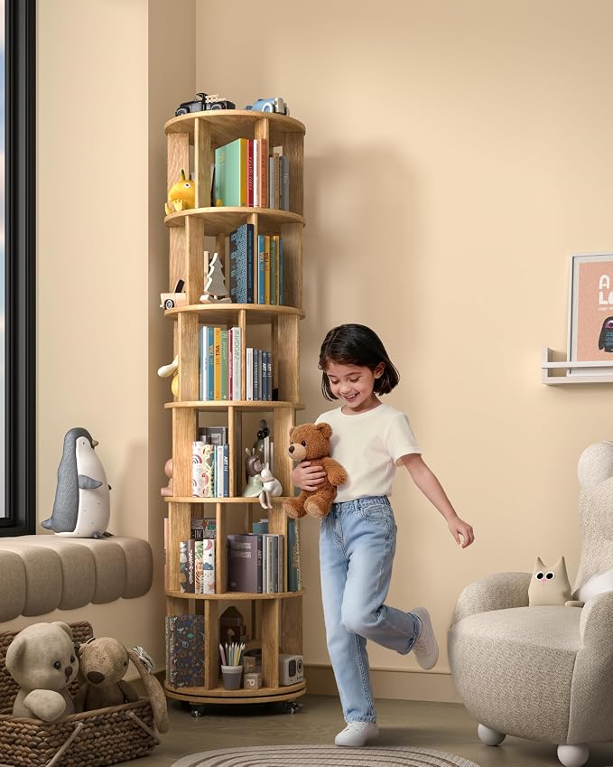 6-Tier Solid Wood Rotating Bookshelf on Wheels, 360° Spinning Book Shelf Tower, Round Revolving Bookcase Organizer, Rolling Bookshelves for Small Spaces, Corner, Bedroom, Kids Room, Office, Natural