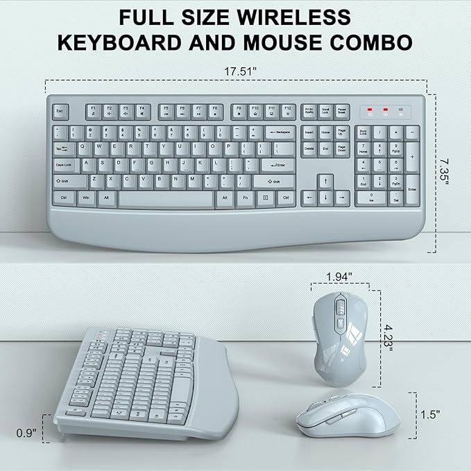 Wireless Keyboard and Mouse Combo, ULSOU 2.4G Full-Sized Ergonomic Computer Keyboard with Wrist Rest and 3 Level DPI Adjustable Wireless Mouse for Windows, Mac OS Desktop/Laptop/PC(Grey)