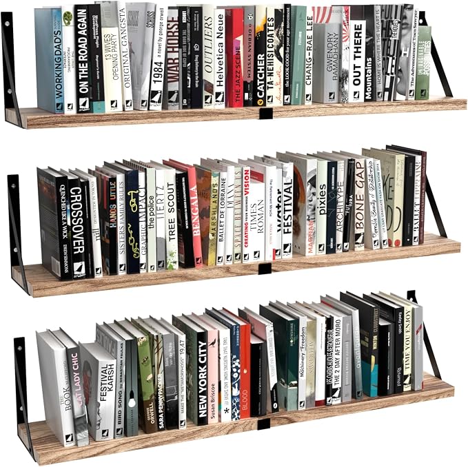 Floating Book Shelves Set of 3, Wall Bookshelf, 33 inch Long Wood Shelf for Wall Storage, Hanging Shelving for Bedroom, Bathroom, Living Room, Kitchen, Office and Plants (Light Brown)