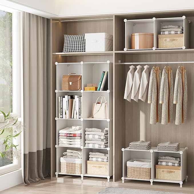 AWTATOS Cube Storage Organizer, Storage Cubes Shelves Bookshelf, 6 Cube Closet Organizers and Storage, DIY Stackable Plastic Clothes Organizer Shelving for Bedroom, Home, White