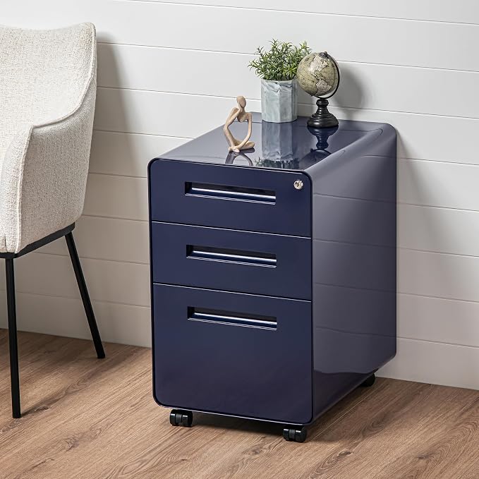 Laura Davidson Furniture Stockpile 3 Drawer File Cabinet with Lock - Under Office Desk Metal Filing Cabinet, Legal/Letter File Folders, Wheels and Stationary Feet, Pre-Assembled, Navy Blue
