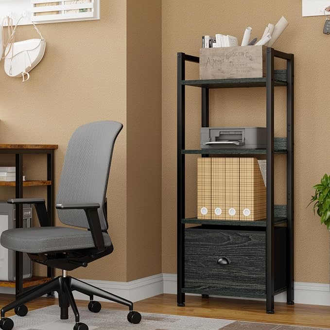 Furologee 4 Tier Bookshelf with Drawer, Small Narrow Bookcase, Wood and Metal Standing Shelf Unit, Industrial Display Storage Shelves Organizer for Bedroom, Living Room, Entryway, Black