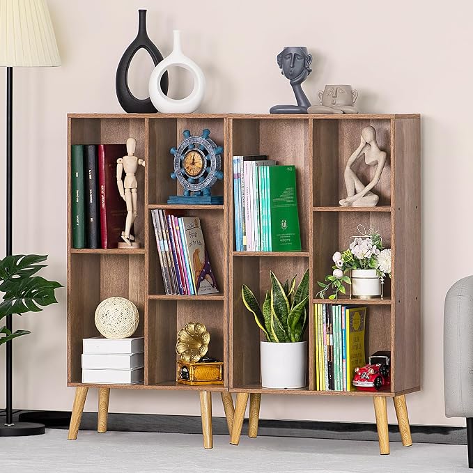 5 Cube Small Bookshelf,3 Tier Mid-Century Modern Bookcase with Legs,Wood Kids Bookshelves Storage Organizer Shelf,Free Standing Narrow Book Shelves,Oak Grey Corner Bookcases for Bedroom,Living Room