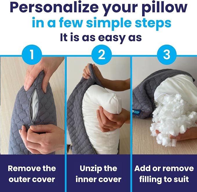 Sidney Sleep Adjustable Curved Pillows for Neck and Shoulder Support with Extra Shredded Fill - Cervical Contour Pillow for Side and Back Sleepers. Standard Size 19" x 26" CertiPUR-US Certified (Grey)