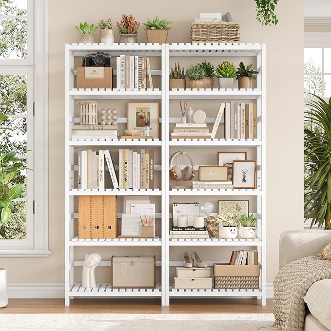 FOTOSOK 6-Tier Bamboo Shelf, Bamboo Bookcase with Adjustable Shelves, Free Standing Storage Shelf Unit, Plant Flower Stand for Bathroom, Kitchen, Home Office, White
