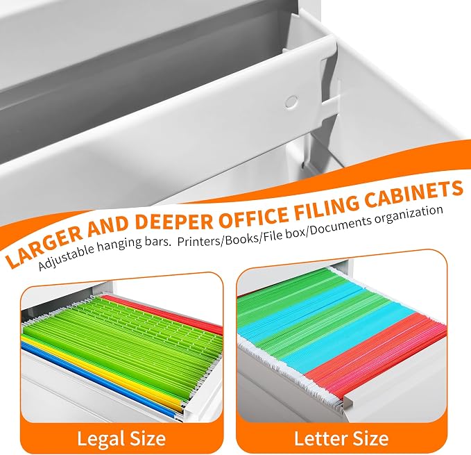 3 Drawer File Cabinet with Lock,White Metal Filing Cabinets Heavy Duty Locking Vertical File Cabinet Home Office Steel Storage Cabinet for Legal/Letter Size File,Assembly Required