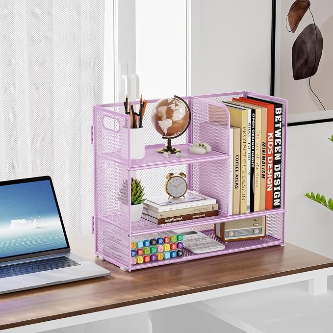 Marbrasse 3-Tier Desk Shelf Organizer with Handle, Desktop Bookshelf File Holder, Mesh Display Shelf Organizer Storage Rack for Office, Home, Supplies, Kitchen (Purple)