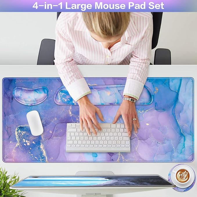 4-in-1 Mouse Pad with Wrist Rest Set Purple,35.4×15.7in Large Gaming Mouse Pad+Keyboard Wrist Rest+Wrist Mousepad+Cup Pad,Ergonomic Mouse Pads,Anti-Slip,Waterproof Keyboard Pad for Home Office