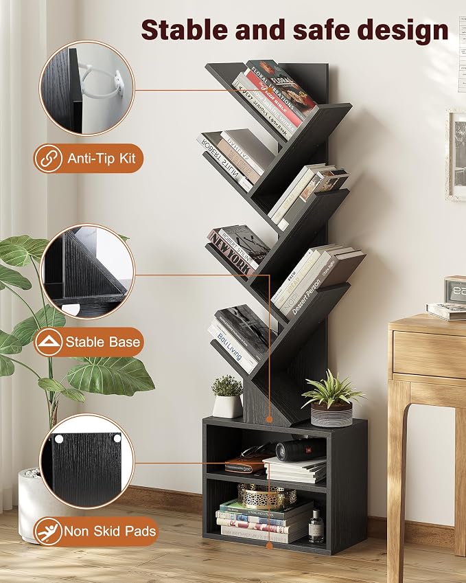 SUNMORY 6 Tier Tree Bookshelf, Small Bookcase with Storage Cabinet, Modern Narrow Bookshelves Organizer, Floor Standing Book Shelf for Bedroom/Living Room/Home Office/Corner, Black