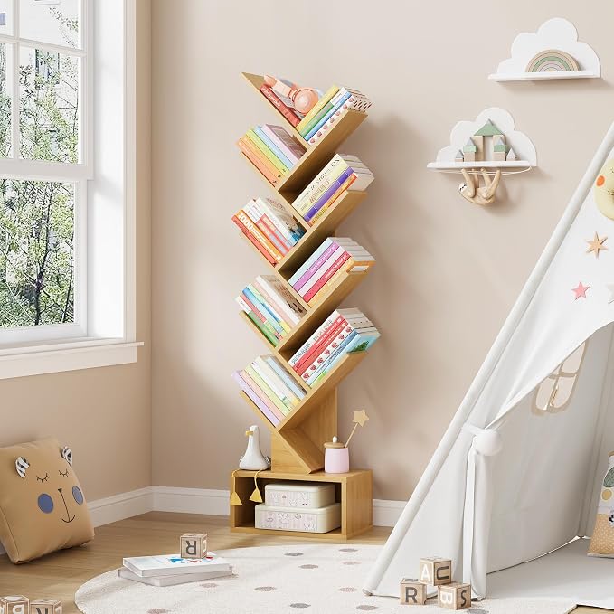 Hoctieon 9 Tier Tree Bookshelf, Tall Bookcase with Drawer, Wood Book Shelf, Modern Floor Standing Bookshelves, Book Organizer Shelves for Bedroom, Living Room, Home Office, Yellow