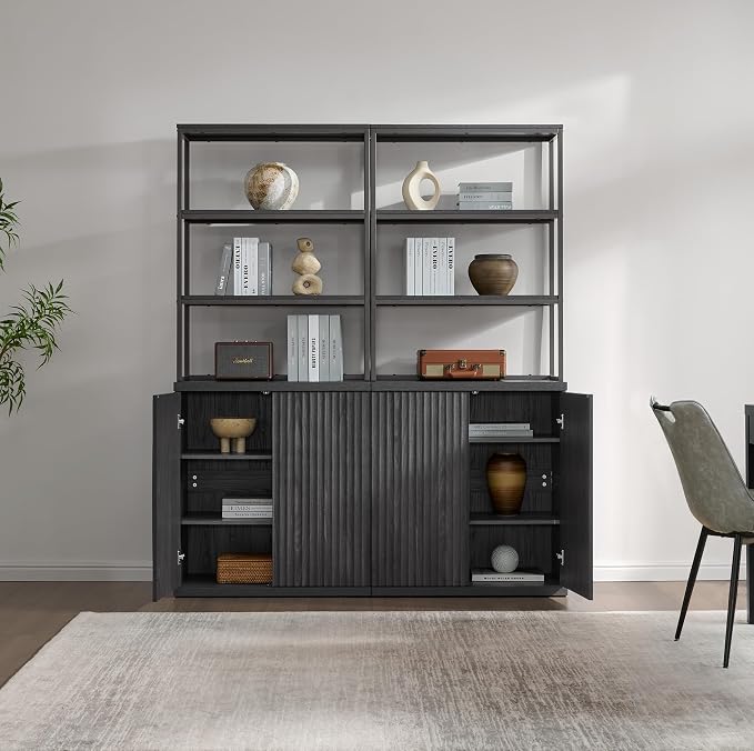 SICOTAS Fluted Book Shelf with Doors - 75" Tall Bookshelf with Storage 6 Tier Large Bookcase with Bottom Cabinet - Modern Metal Book Case for Living Room, Home Office, Kitchen, 3 Pieces