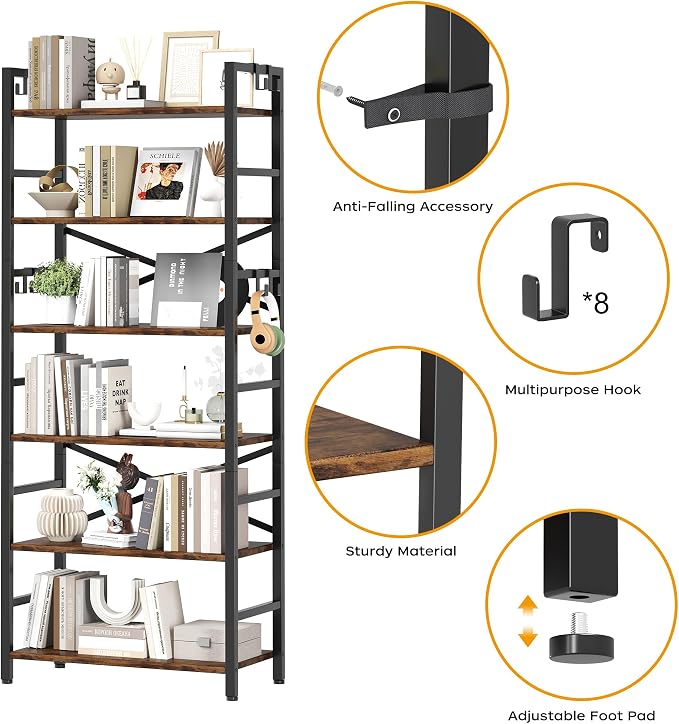 Homeiju 6 Tier Bookshelf, Industrial Bookcase with 8 Hooks, Vintage Storage Rack with Open Shelves, Rustic Standing Bookshelves Metal Frame Display Rack for Living Room, Bedroom, Rustic Brown