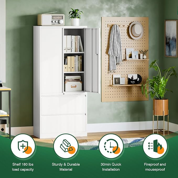 Letaya Metal Storage Cabinets for Home Office,File Cabinet-2 Drawers with Lock and Adjustable Shelves-Hang Legal/Letter/A4/F4 Size Filing-White