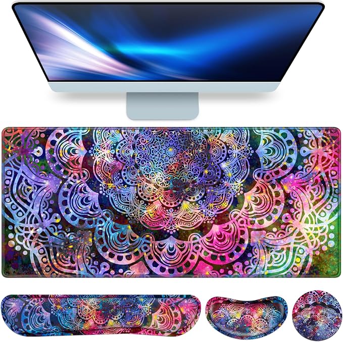 Mouse Pad with Wrist Rest, 4-in-1 Large Mousepad+Keyboard Wrist Rest+Mouse Pad Wrist Support+Cup Pad Set,Ergonomic Anti-Slip,Memory Foam Desk Mat for Home Office Gaming(35.4×15.7in)