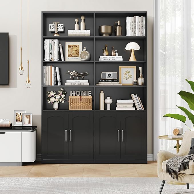FACBOTALL Bookshelf and Bookcase with Doors, 6 Tier Double Wide Large Bookshelves, Open Display Shelves, 73'' Tall Bookshelf with Storage Cabinets for Home Office, Living Room, Library, Black