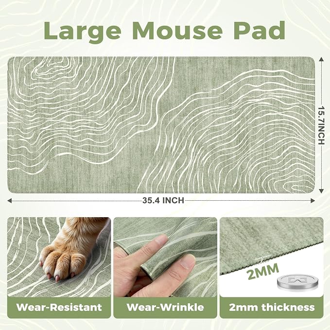 iCasso Desk Cover Mat Green,Extra Large Mouse Pad for Laptop,Anti-Slip Keyboard Pad with Stitched Edges,Cute Girly Computer Mat for Desktop,Aesthetic Desk Protector for Office Home School