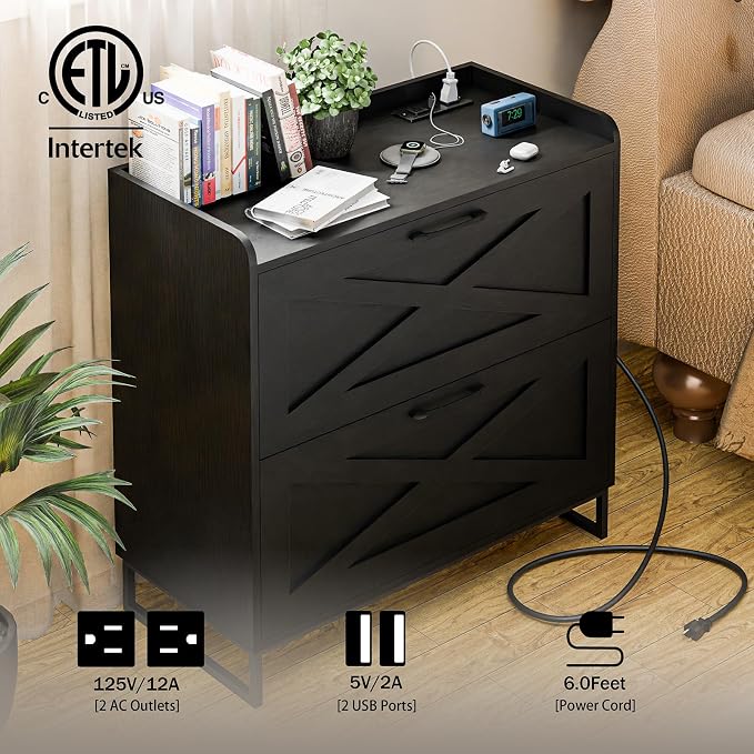 Lateral File Cabinet 2 Drawer File Cabinet with Charging Station for Legal/Letter/A4 Size Hanging Files, Modern Farmhouse Large Wood File Storage Cabinet Printer Stand for Home Office Furniture(Black)