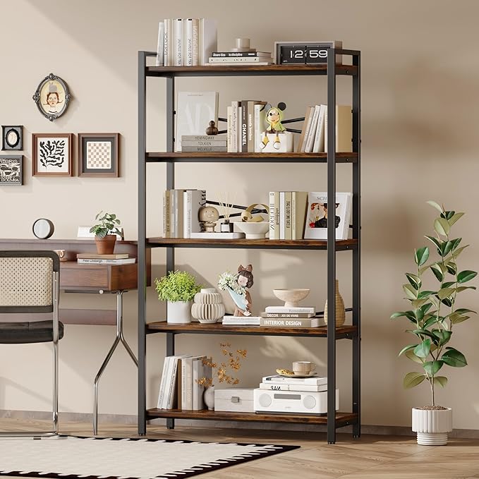 5 Tier Bookshelf 31.49" Width, Book Organizers and Storage, Wood and Metal Tall Bookcase, Rustic Book Shelf Organization and Storage for Home Living Room Bedroom Office Storage(Rustic Brown)