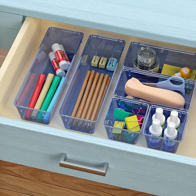 WOWBOX 6 Pack Clear Drawer Organizer Set, Acrylic Drawer Storage Trays, Storage Bins for Makeup, Cosmetics, Jewelries, Utensils, Gadgets, Office, Dark Blue