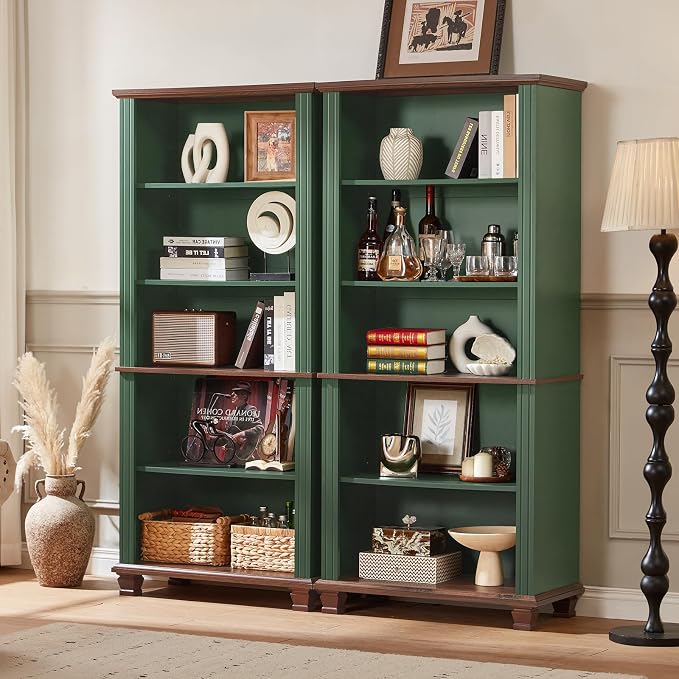 SAVOR LIFE 70" Tall Green Bookshelf,5 Tier Wooden Book Shelf with Adjustable Shelves & Wood Legs,Free Standing Farmhouse Bookcase with Open Display Storage,Vintage Bookshelves for Library, 2PCS