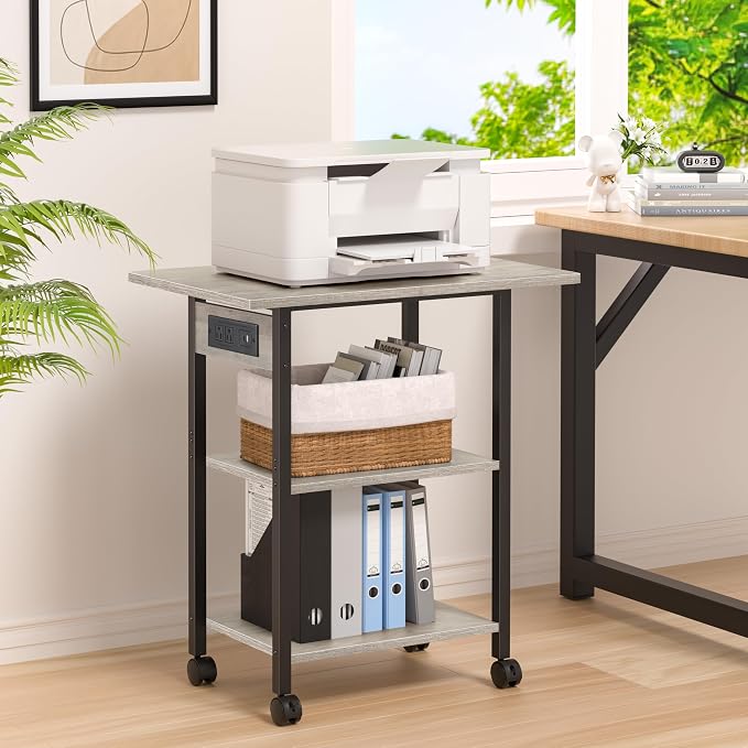 Lerliuo 3-Tier Printer Stand with Charging Station, Industrial Mobile Printer Table with Storage Shelf and Steel Frame, Rolling Printer Cart Holder with Lockable Wheels for Home, Office (Oak)