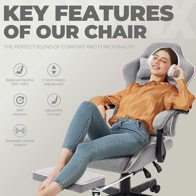 Dowinx Gaming Chair Fabric with Pocket Spring Cushion, Massage Game Chair Cloth with Headrest, Ergonomic Computer Chair with Footrest 290LBS, Pink and Grey
