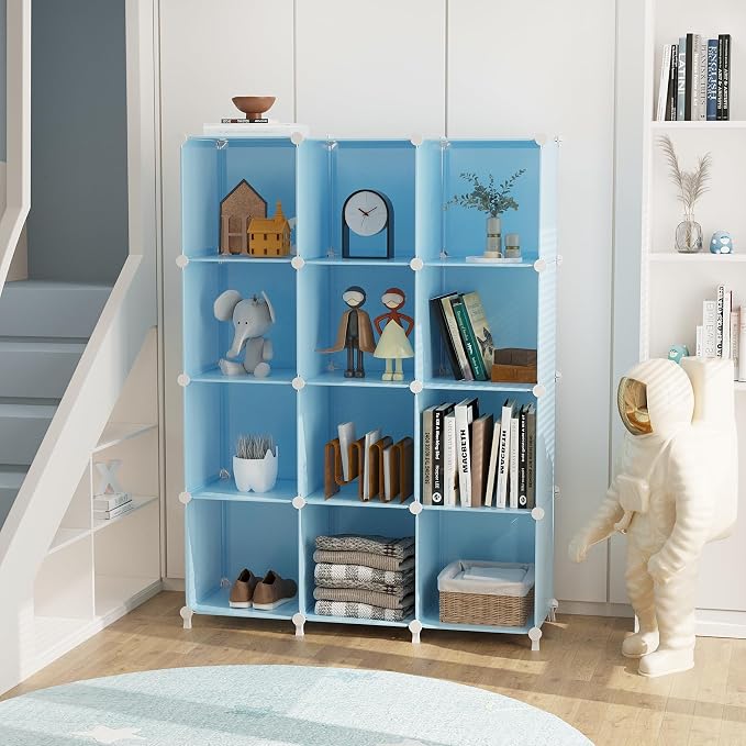AWTATOS Cube Storage Organizer Protable Closet Organizers and Storage for Kids DIY Stackable 12 Cube Storage Shelves Clothes Organizer for Bedroom, Home, Blue