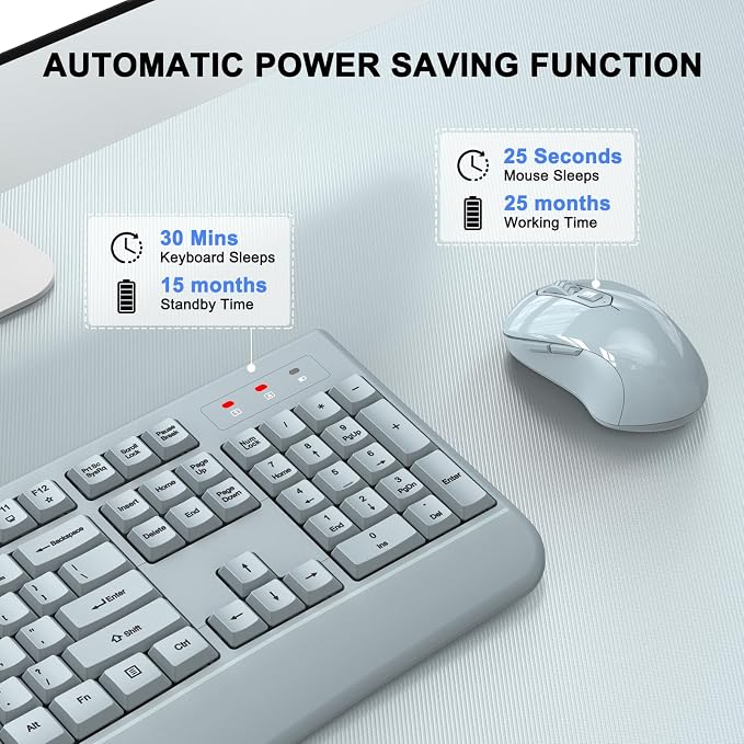 Wireless Keyboard and Mouse Combo, ULSOU 2.4G Full-Sized Ergonomic Computer Keyboard with Wrist Rest and 3 Level DPI Adjustable Wireless Mouse for Windows, Mac OS Desktop/Laptop/PC(Grey)