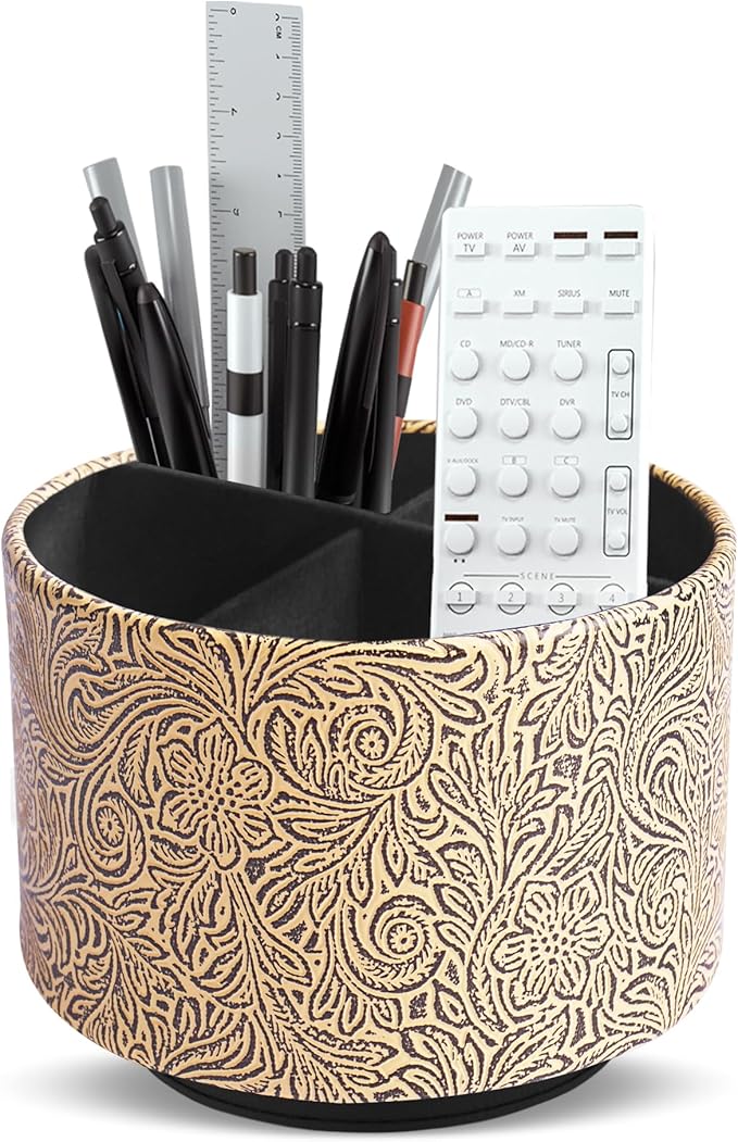 lizimandu Round Leather Art Supply Organizer,Remote Control Holder,360 Degree Spinning,Multi-Functional Pencil Holder,4 Compartments Desktop Stationary Organizer(1-Yellow Black)