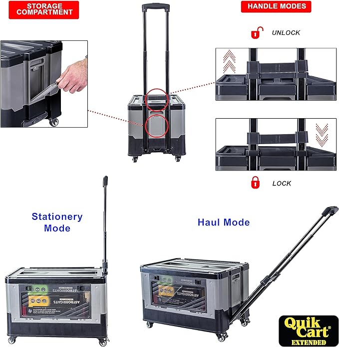 dbest Products Quik Cart Extended Four Wheeled Rolling Crate Teacher Utility with seat Dual Accessible Doors Heavy Duty Collapsible Basket with Two Position Handle