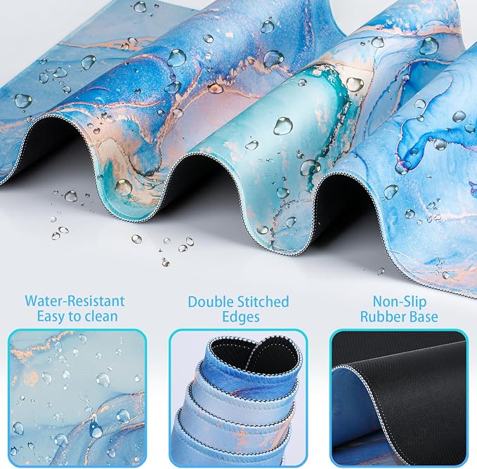 Desk Mat Blue, Large Gaming Mouse Pad with Wrist Rest, 4in1 XXL Mousepad+Keyboard Wrist Rest+Mouse Pad Wrist Support+Cup Coaster Set Ergonomic Computer Desk Arm Wrist for Decor Home Office Table Women