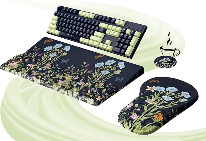Ospelelf Ergonomic Mouse Pad and Keyboard Stand Wrist Rest Set, Memory Foam Comfort, Pain Relief for Typing, Office Desk Accessories, Moonlit Blossoms