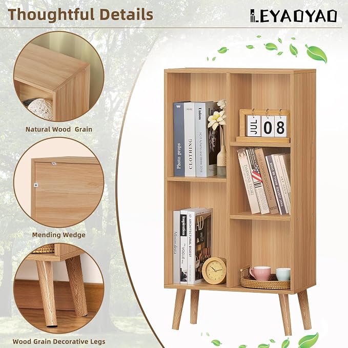 LEYAOYAO Wooden 5 Cube Bookshelf, Natural 3 Tier Book Shelf with Legs, Modern Open Storage Organizer,Boho Bookcase,Display Cabinet Shelf Free Standing Bookshelves for Bedroom,Living Room,Study