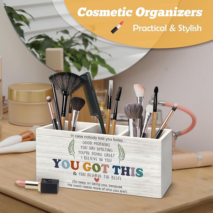Inspirational Affirmations Pen Holder Organizer for Desk Accessories, Motivational Quote Wooden Box Sign Desk Decorations for School Office Tabletop Decor,You Got This Gift for Women
