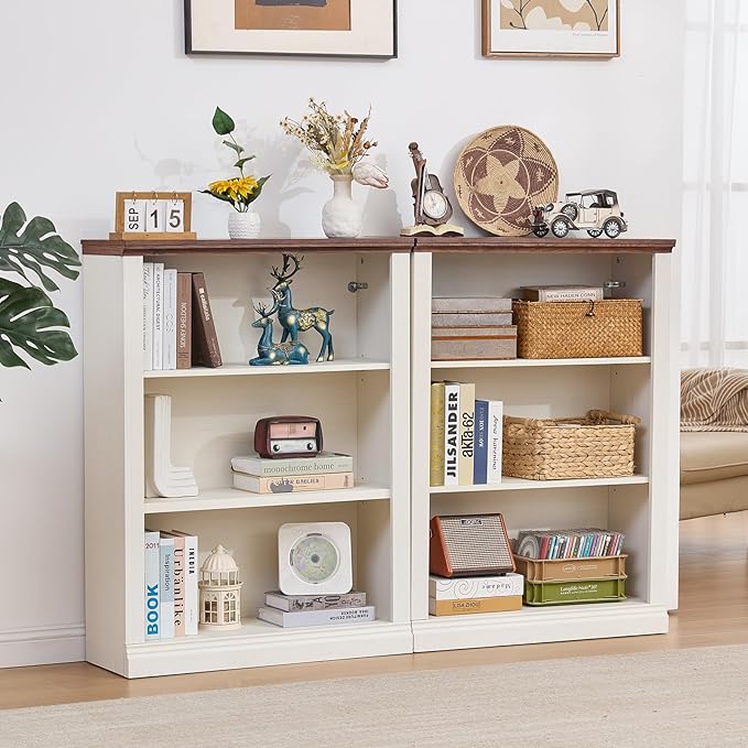 RWYHG 43" White Tall Bookshelf Set of 4,3-Tier Thick Wooden Book Shelf with Adjustable Shelves,Free Standing Farmhouse Bookcase with Open Display Storage,Floor Vintage Bookshelves for Living Room