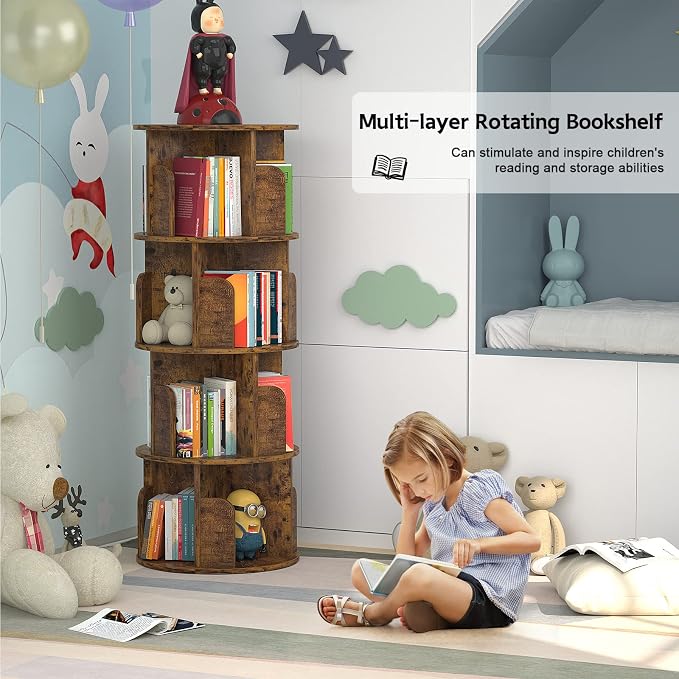 Aheaplus Rotating Bookshelf, Small Corner Bookshelf for Small Space, 360 Display 4 Tier Floor Standing Bookcase Storage Rack, Wood Narrow Book Shelf Organizer for Bedroom, Living Room, Rustic Brown