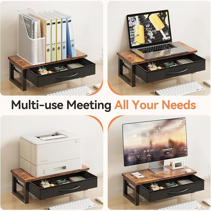 Computer Monitor Stand Riser with Drawer, 2-Tier Desk Accessories & Workspace Organizers, Laptop Stand for Desk with Storage, Office Organization, Wood