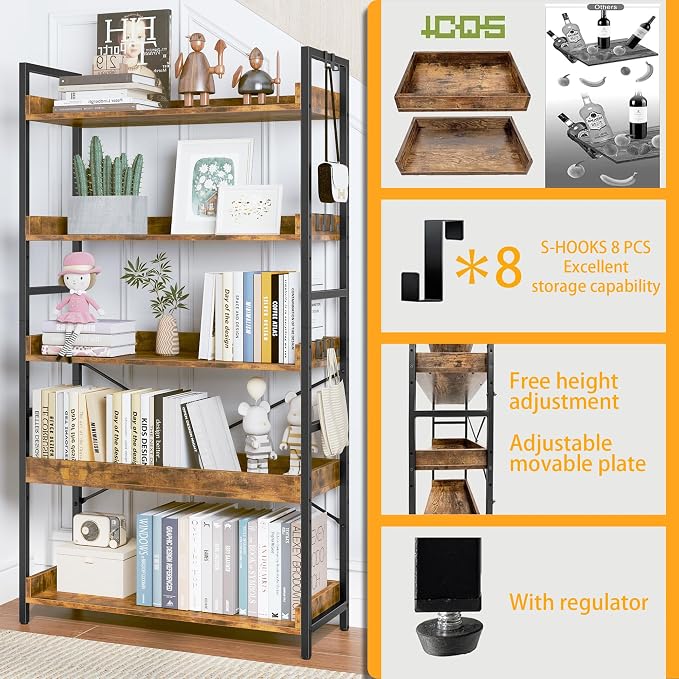 HCHQHS 5 Tier Bookshelf, Adjustable Industrial Bookcase, Vertical Tall Book Shelf, Wood and Black Metal Open Bookshelves for Home Office, Living Room, Bedroom
