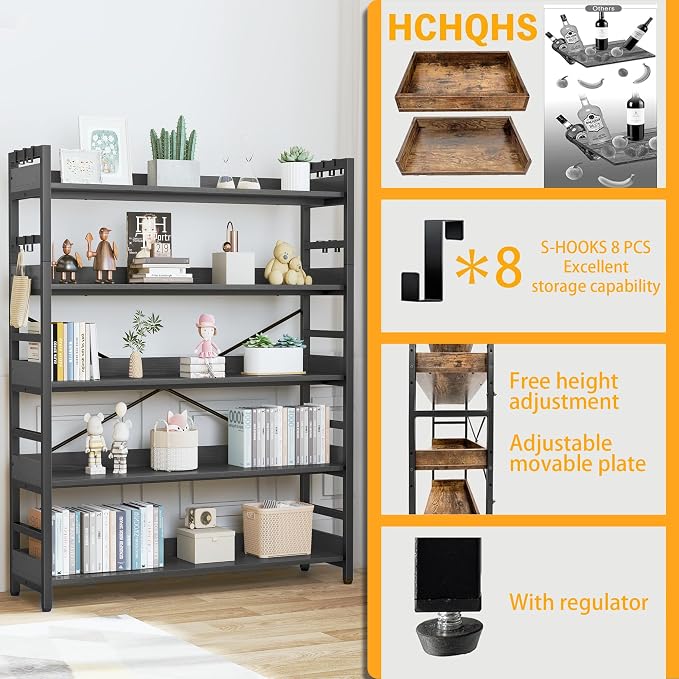HCHQHS 5 Tier Bookshelf, Adjustable Industrial Bookcase, Vertical Tall Book Shelf, Wood and Black Metal Open Bookshelves for Home Office, Living Room, Bedroom
