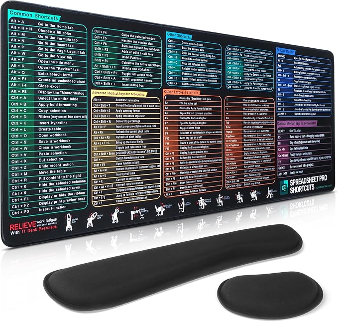 Excel Cheat Sheet Mouse Pad Set | 3-Piece XXL Ergonomic Desk Mat with Wrist Rest for Office & Gaming(Black)