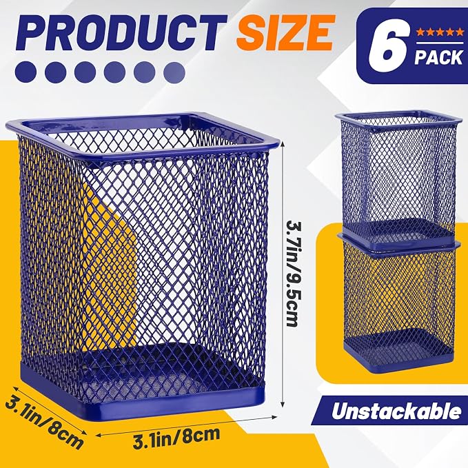 Segarty Pen Cup Holder, 6 Pack Square Dark Blue Pen Holder for Desk, Cute Metal Mesh Pencil Cups Container Marker Organizer Set for Office Supply, School Classroom, Home Desktop, Makeup Brush Storage