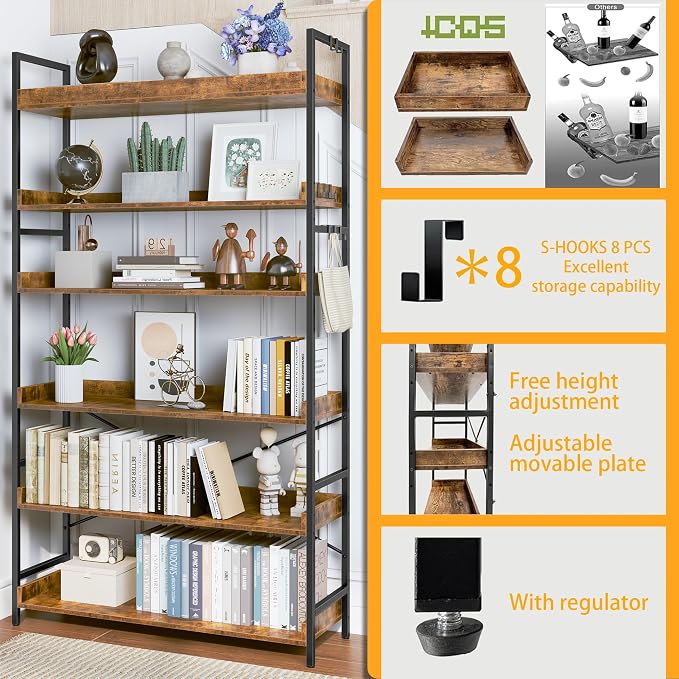 HCHQHS Bookshelf, Adjustable Industrial Bookcase, Vertical Tall Book Shelf, Wood and Black Metal Open Bookshelves for Home Office, Living Room, Bedroom (Rustic Brown, 6-Tier (31" W x 70" H))