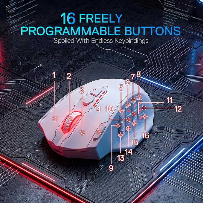 Redragon M913 MAX Wireless Gaming Mouse, 26000 DPI MMO Optical Mouse with 16 Programmable Buttons, BT & 2.4G Wireless, Software Supports DIY Keybinds, White