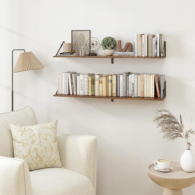 Heimlove Deep Floating Shelves for Wall, 40W x 8D Wood Wall Shelves Set of 2, Wide Floating Bookshelf for Living Room, Kitchen, Office, Bedroom and Decor Storage, with Metal Bracket - Rustic Brown