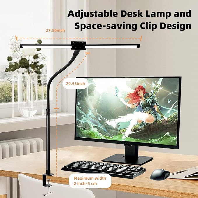 BAYSQUIRREL Led Desk Lamp with Clamp, Gooseneck Remote Control Desk Light with Eye Protection, 24W Ultra Bright Stepless Dimming and Tempering LED Desk Lamp for Home Office, Bedroom, Study