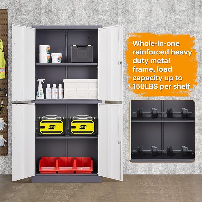 STANI Metal Storage Cabinet, Locking Steel Cabinet with 4 Doors and 2 Adjustable Shelves, 71" Tall Steel Cabinet for Home Office, Garage, School (Grey+White)
