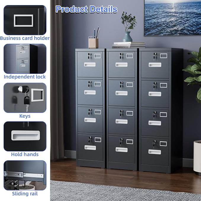 METAN Upgrade Metal 4 Drawer Files Cabinet for Home Office,Lockable Steel File Storage Cabinet with 4 Locks for Hanging Legal/Letter A4 Size, Assembly Required,Black