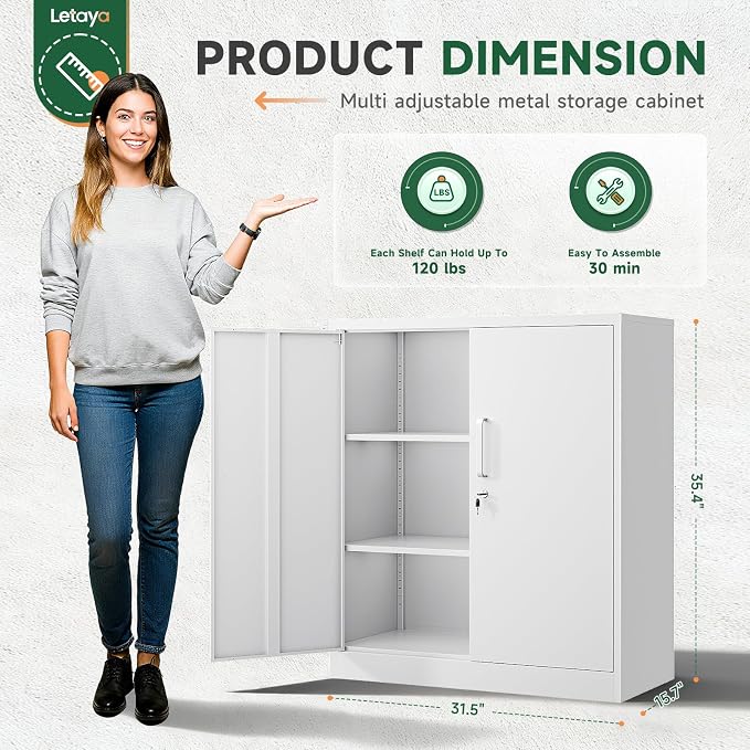 Letaya Metal Storage Cabinets with Lock, Small Locker Organizer Steel Cabinets, Adjustable Layers Shelves 2 Doors for Home, Office, Warehouse,Garage,Industrial,Employee Lockers (White-36)
