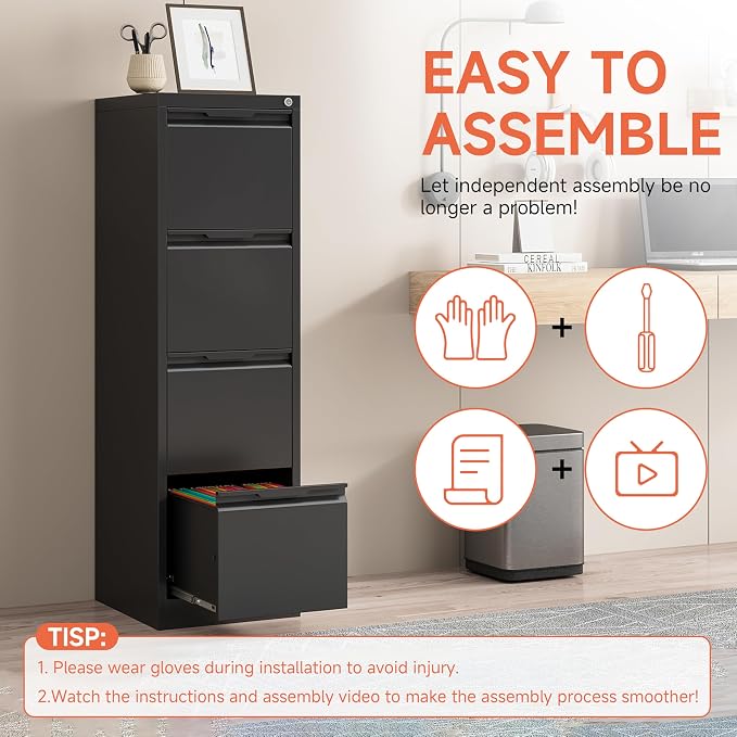 4 Drawer File Cabinet with Lock,17.8" Deep Vertical Metal Filing Cabinet for Home Office,Locking Drawer Tall for Hanging Letter/A4/Legal Folders, Easy Assemble-Black