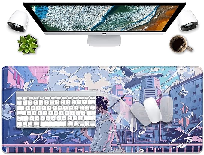 Japanese Fantasy City Boy Mouse Pad Desk Pad,Cute Kawaii Anime Mousepad,Large Extended Gaming Mouse Mat with Stitched Edges Non-Slip Waterproof Rubber Base Mous Mat for Desk Pad(27.5X11.8 in)